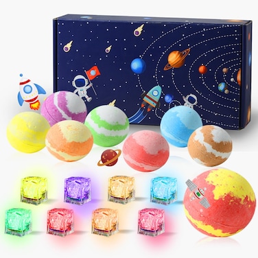 3.88OZ Bath Bombs for Kids Boys Girls Women with Toys Inside Surprise, 8 Light up Bath Bomb of Solar System Set, Organic Essential Oil spa Gift Set for Party, Christmas (8PCS Surprise Toys and Card)