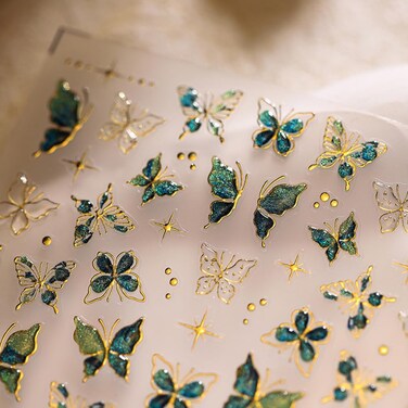 Butterfly Nail Art Stickers, 5D Embossed Green Butterfly Nail Decals Green Gold Butterfly Star Nail Art Supplies Luxurious Butterfly Nail Design Manicure Accessories for Women Girls