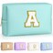 TOPEAST Initial Cosmetic Bag for Women, Preppy Small Makeup Bag, PU Leather Waterproof Toiletry Bag, Monogrammed Birthday Gifts for Women, Stuff for girls (Blue S)