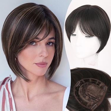 Hair Topper Hair Toppers for Women Short Bob Hair Toppers with Bangs Side Part Hair Toppers Synthetic Wig Toppers for Thinning Hair Dark Brown Toppers Hair Pieces