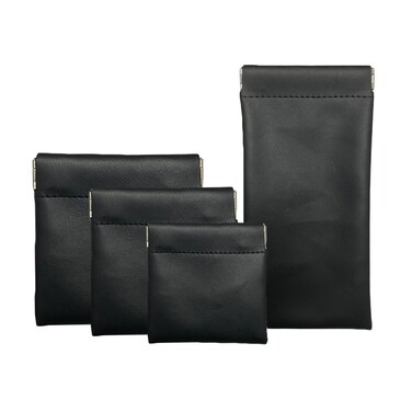 4 Pcs Lambskin Pocket Cosmetic Bags, Waterproof Portable No Zipper Self-Closing Cute Small Makeup Pouch for Women, Pu Leather Bag for Cosmetics Headphones Jewelry (4Pcs Black in 4 Sizes)