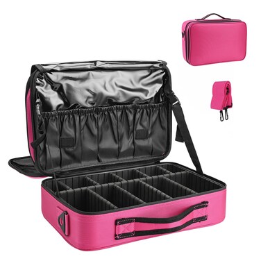 13.5 Inch Makeup Bag travel organizer Cosmetic Case Professional Artist Storage Bag with Adjustable Dividers for Women Cosmetics Brushes Toiletry, Hot Pink