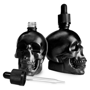 2 pcs Set 2OZ Transparent/Black Skull Glass Dropper Bottle Leakproof Essential Oils Bottle for Storage and Travel (Transparent, 2 OZ)