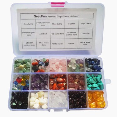 SeeuFun Assorted 6-9mm Undrilled Crystal Stone Tumbled Chips Stone Home Indoor Decorative Gravel,Fluorite,Turquoise, Rose Quartz,Amethyst (0.9pound)