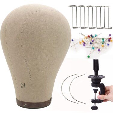 Cork Canvas Block Wig Head Mannequin for Wigs 24 inch Wig Head Stand with Mannequin Head for Styling Wig Making Kit Holder Head Pins Clamp for Wig Styling Stand (21-24 inch)