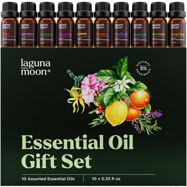 Lagunamoon 10-Pack Organic Essential Oils Set, 10mL, Top 10 Scents for Aromatherapy, Massage, Candle Making, Soap Scents, Office, Skin &amp; Hair Care