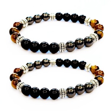 Triple Protection Bracelet for Bring Luck and Prosperity Hematite Black Obsidian Tiger Eye Stone Bracelets for Men Women, Beaded Buddha Healing Rope Uni Bracelet (2pcs)