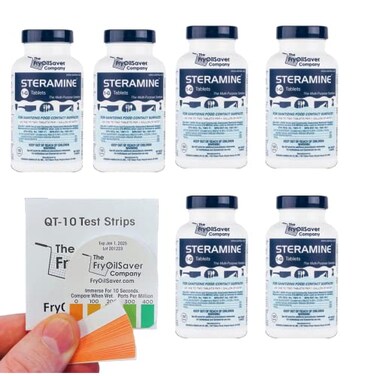Pack of 6 Steramine Sanitizing Tablets w/ 30x QT-10 Test Strips, Steramine Multi Purpose Contact Solution Sanitizer Tablets for Gym, Hotel, Bar, Restaurants &amp; Food Service by FryOilSaver Co. (900 Tab)