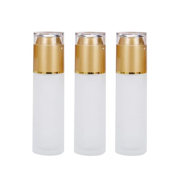 3PCS Clear Empty Frosted Glass Lotion Pump Bottle With Golden Acrylic Cover Reusable Storage Vial Sample Packing Dispenser Container For Storing Facial Cleanser Essence Liquid Foundation(60ML/2OZ)