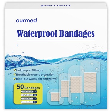 Waterproof Bandages, Clear Adhesive Bandages for First-Aid, Wound Care, Fingers, Knees and Heels, Stays on Skin in The Bath, Shower or Pool, Assorted Sizes, 50 Count, HSA FSA Eligible