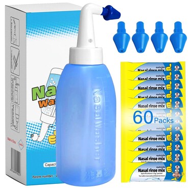 Neti Pot Sinus Rinse Bottle with 60 Nasal Wash Salt Packets,Nose Wash Cleaner Pressure Rinse Nasal Irrigation for Adult &amp; Kid BPA Free 300 ML with Sticker Thermometer and Storage Bag