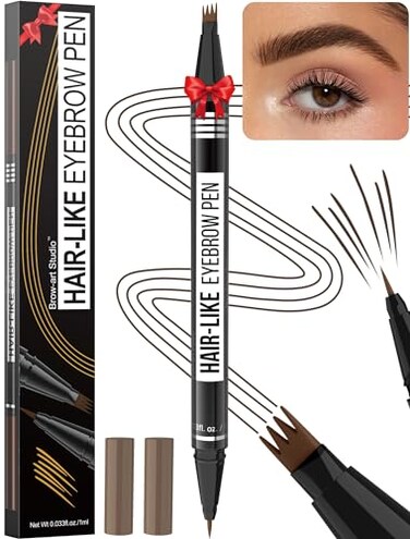 Microblading Eyebrow Pen - Eyebrow Pencil Magical 2-in-1 Dual-Ended Waterproof Eye Brow Pencils for Women with 4-Fork-Tip &amp; Precise Brush-Tip for Natural Hair Like Strokes, Last All-Day, Dark Brown