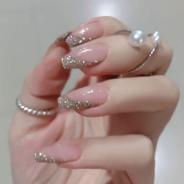 RikView Press on Nails Medium Length Coffin Fake Nails Pink Nails Glossy False Nails Full Cover Prom Nails with Glue Sticker