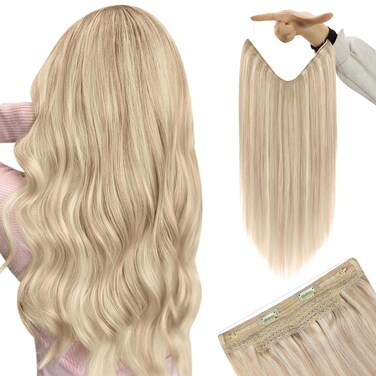YoungSee 100G Wire Real Hair Extensions Highlight Fish Line Hair Extensions Ash Blonde Highlights Bleach Blonde with Strawberry Highlights Softness Wire Extensions with No Damage 20In