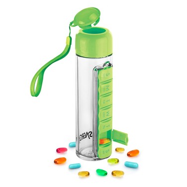 Synergy Water Bottle &amp; Pill Organizer - Travel Storage Container for Water, Juice, Vitamins - Portable 7-Day Pillbox - for Outdoor, Gym, Travel - Easy Carry Strap - BPA Free Plastic - 400ml (Green)