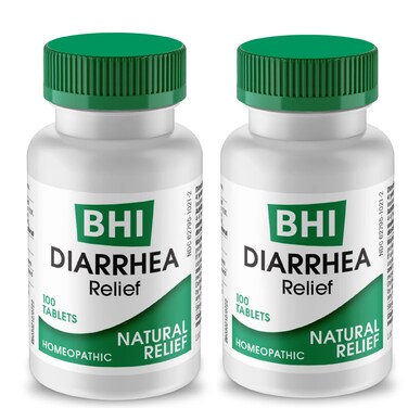BHI Diarrhea Relief Fast-Acting Natural Remedy for Mild Diarrhea - 8 Soothing Homeopathic Actives Help Calm Stomach Ache, Gas &amp; Cramps for Women &amp; Men - 100 Tablets (Pack of 2)