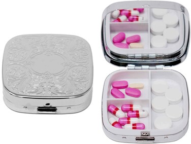 Stephanie Imports Silver Etched Victorian Print Engraveable 2 Count Square-Shaped Personal Pill Organizer with 3 Compartments and Built-In Mirror