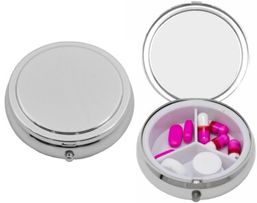 Set of 2 Circular Triple-Compartment Pocket Purse Pill Box &amp; Organizer with Insert (Silver Flat Top - Engravable)