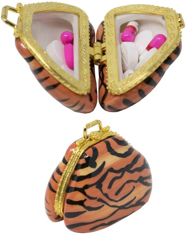 Set of 2 Ceramic Purse-Shaped Compact Pill Box &amp; Organizer (Tiger)