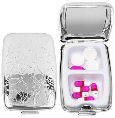 Set of 2 Etched Rectangular Pocket Purse Pill Box &amp; Organizer with Dual Compartments (Rings)