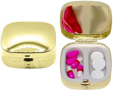 Set of 2 Dual-Compartment Square-Shaped Pocket Purse Pill Box &amp; Organizer (Gold Classic)