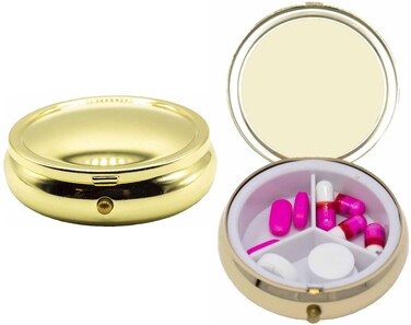 Set of 2 Circular Embossed Triple-Compartment Pocket Purse Pill Box &amp; Organizer (Gold Curved)