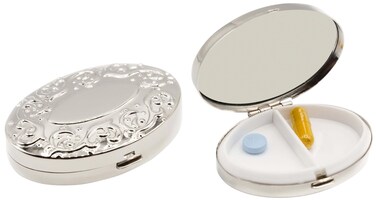 Set of 2 Oval-Shaped Pocket Purse Pill Box &amp; Organizer with Dual Compartments (Silver Victorian)