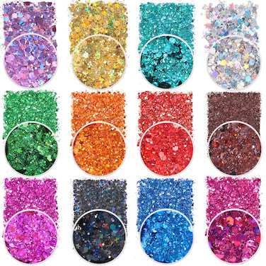 Holographic Chunky Glitter Sequins, 12 Colors Mixed Cosmetic Glitter for Face Body Eye Hair Nail Art Lip Gloss Makeup, Festival Glitter with Different Hexagons Size and Stars (Laser Mix)