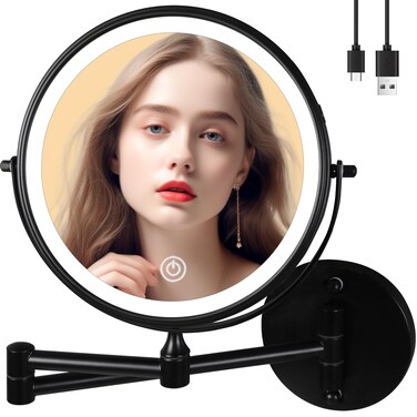 9" Wall Mounted Makeup Mirror with Light, Black 10X Magnifying Glass, Bathroom Shaving Magnifying Mirror, 3000mAh USB Charging (960B10X)