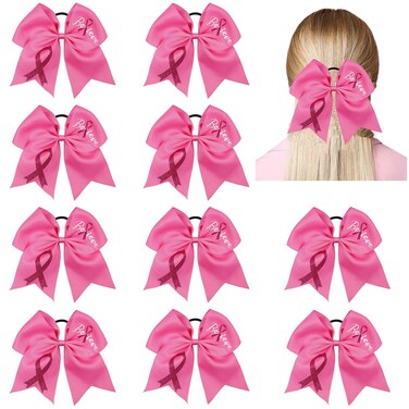 10pcs Breast Cancer Awareness Cheer Bows,7 Inches Pink Cheer Bows For Girls Women In October Cheerleading Hair Elastic Bands