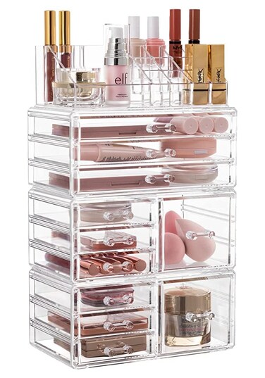HBlife Acrylic Clear Dustproof Makeup Storage Organizer Drawers Large Skin Care Cosmetic Display Cases for Bathroom Stackable Storage Box with 11 Drawers for Vanity (Clear)