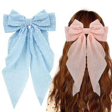 Big Bow Hair Accessories 2pcs, Long Tail French Barrettes for Women &amp; Girls, Pink Blue Soft Bow Clips for Birthday, Bachelorette Party, Christmas, Wedding