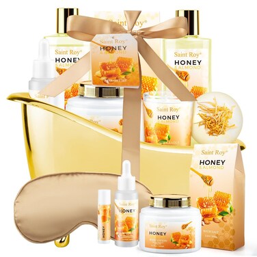 Bath spa Gifts for Her Spa Gift Basket, Honey Almond Spa Basket Bath and Body Set with Bath Bomb, Jojoba Oil &amp; Lip Balm, Birthday Holiday Home Spa Gifts for Women &amp; Men Fathers Day Mother day