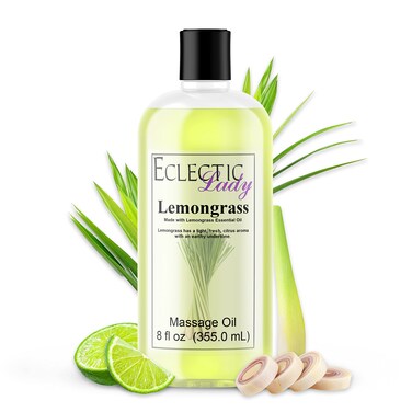All Natural Lemongrass Massage Oil - Eclectic Lady 8 oz. 100% Natural Ingredients with Sweet Almond &amp; Jojoba Oil, Relaxing Scent for Men &amp; Women