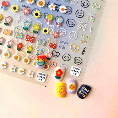Dedyel Smile Nail Art Stickers Cute Nail Stickers Cartoon Nail Stickers 5D Embossed Smile Face Nail Stickers Kawaii Self-Adhesive Nail Stickers for Women Girls Kids Nail Art Decoration