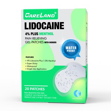 CARELAND 4% Lidocaine Knee Patches Plus 1% Menthol,20 Pcs Waterproof Maximum Strength Back Pain Relief Products Patches with Border,for Knee Shoulder Pain Relief