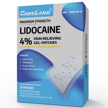 CARELAND 4% Lidocaine Patches 18 Pcs Waterproof Maximum Strength Back Pain Relief Products Patches with Strong Adhesive Border, for Neck Knee Nerve Shoulder Pain Relief Muscle Relaxer, Super Sticky