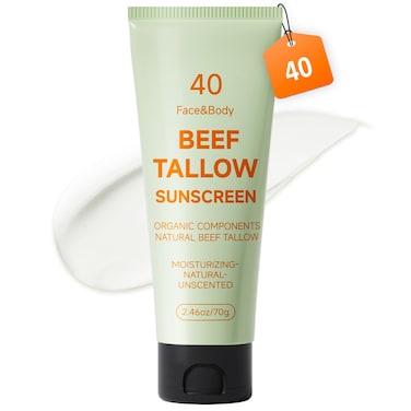 Tallow Sunscreen, Beef Tallow for Skin, Organic Beef Tallow Sunscreen, SPF 40 Non Greasy Water Resistant Unscented Natural Formula for Sensitive Skin Water Resistant Anti White Cast