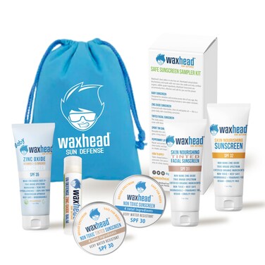 Waxhead Travel Size Sunscreen Sampler Box - Non-Nano Zinc Oxide, Coral Reef Safe, Biodegradable Sunblock SPF 30. Zinc Lip Balm, Solid Mini Paste Tins (.5oz) Tinted, Baby + Everyday (1oz) in Canvas Bag