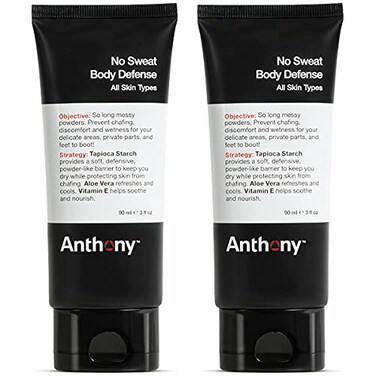 Anthony No Sweat Body Defense Deodorant for Men, Anti-Chafing &amp; Anti-Itch Cream-to-Powder Lotion for Groin, Thighs &amp; Underarms, Talc-Free, Absorbs Moisture, Sweat &amp; Odor Control, 3 fl oz (Pack of 2)