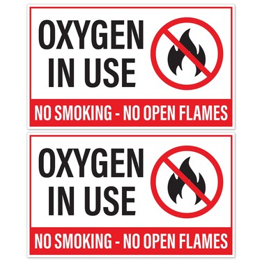 Oxygen in Use No Smoking No Open Flames Stickers, Weatherproof Self Adhesive Vinyl, White/Black/Red, 5" x 3" - Pack of 2