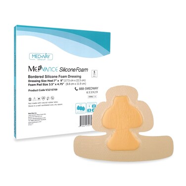 MedVanceTM Silicone - Bordered Silicone Adhesive Foam Dressing, Heel/Elbow/Wrist, Box of 5 dressings (7"X9")
