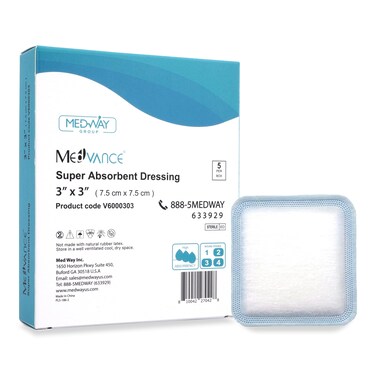 MedVance Super Absorbent Dressing, Non-Adhesive Pads for Wound Care, Pressure Ulcers &amp; 1st/2nd Degree Burns, Superior Moisture Absorption, Box of 5 Dressings (3"x3" Bandage, 1.75"x1.75" Absorbent Pad)