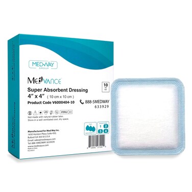 MedVance Super Absorbent Dressing, Non-Adhesive Pads for Wound Care, Pressure Ulcers &amp; 1st/2nd Degree Burns, Superior Moisture Absorption, Box of 10 dressings (4"x4" Bandage, 2.75"x2.75" Pad)