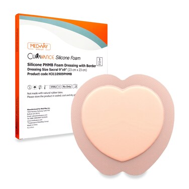 MedVance Sacral Bordered PHMB Silicone Adhesive Foam Wound Dressing, Bed Sore Treatment Bandage for Sacrum, Size 9"x 9" (6.1" Pad x 6.6" Pad), Box of 5 dressings