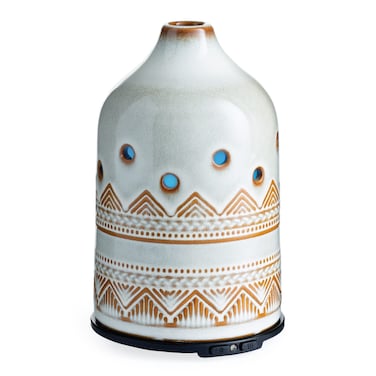 Airome Southwest Medium Ceramic Essential Oil Diffuser 100 mL Humidifying Ultrasonic Aromatherapy Diffuser 8 Colorful LED Lights, Intermittent &amp; Continual Mist, Auto Shut-Off, White and Brown