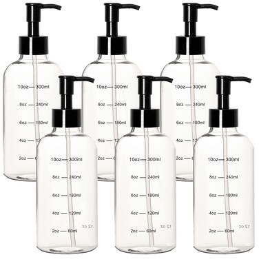 Youngever 6 Pack Plastic Pump Bottles, Clear Refillable Plastic Pump Bottles with Measurement and Travel Lock (12 Ounce)