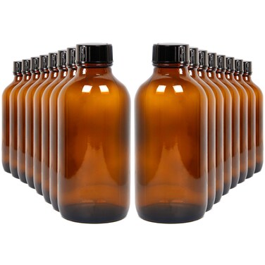 Youngever 12 Pack Empty Glass Bottles with Lids, Amber Glass Tight Seal Lids, Refillable Container for Essential Oils, Vanilla Extract and More (4 Ounce)