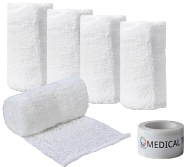 Sterile Krinkle Kerlix Type Gauze Bandage Rolls [Pack of 5] Highly Absorbent Fluff 100% Cotton Bandages Roll 4.5" x4.1yds 6-Ply - Individually Wrapped Mesh Gauzes + 1 Roll of Vakly Medical Tape
