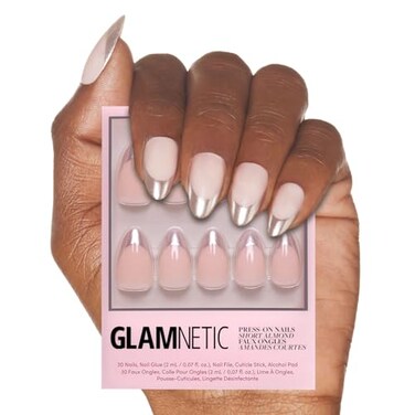 Glamnetic Press On Nails - Mirror Mirror   Trendy Short Almond Nails with Metallic Chrome Silver French Tips   15 Sizes - 30 Nail Kit with Glue